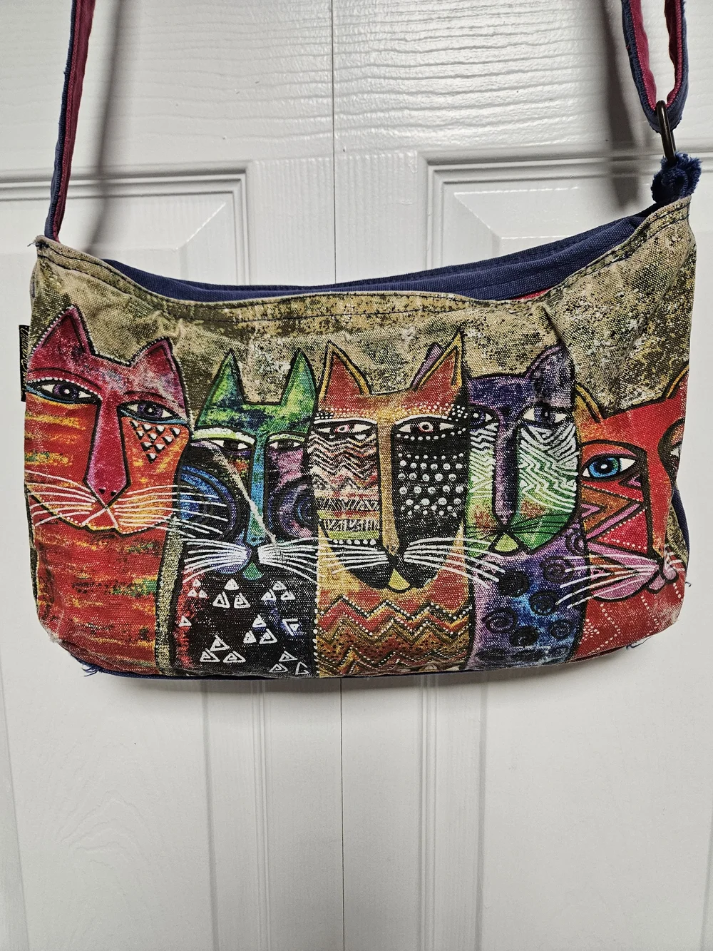 Laurel Burch Multicolor Cat Print Signed Artwork Crossbody Purse Distress 14x9x3